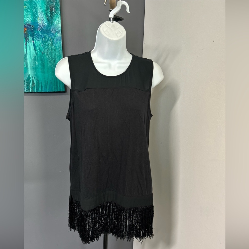 J CREW Top Womens Small Black Sleeveless Tank Fringe‎ Hem Zip Back Ponte Stretch